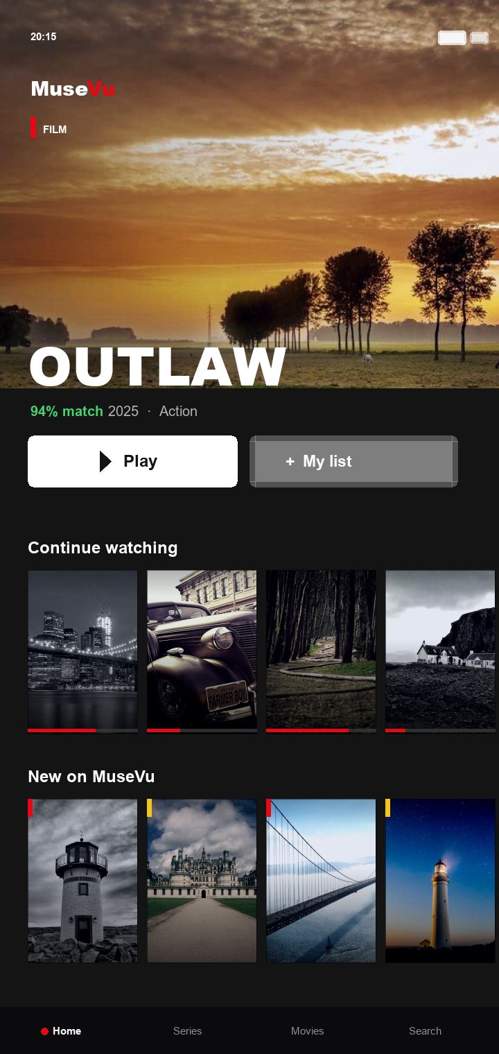 Cinematic home. A billboard with live previews